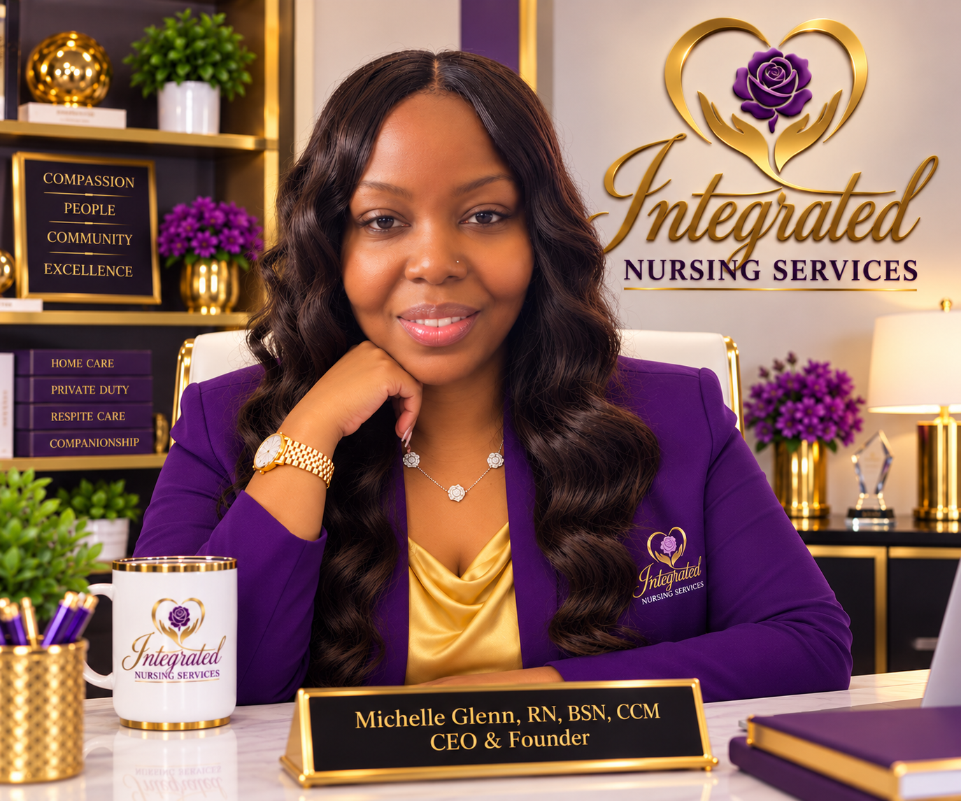 Michelle Glenn, RN, BSN, CCM, Founder and Chief Executive Officer of Integrated Nursing Services, seated in her office